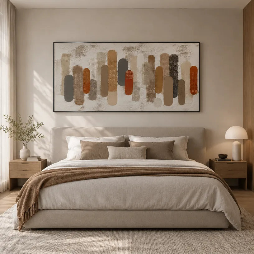 Wabi-Sabi abstract oil painting showing layered abstract marks, texture and expressive painterly movement in a brown palette.