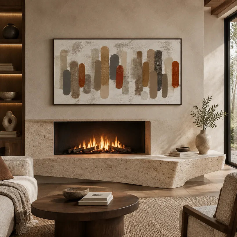Wabi-Sabi abstract oil painting showing layered abstract marks, texture and expressive painterly movement in a brown palette.