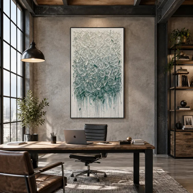 Wabi-Sabi abstract oil painting showing layered abstract marks, texture and expressive painterly movement in a grey palette.