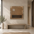 Wabi-Sabi abstract oil painting showing layered abstract marks, texture and expressive painterly movement in a brown palette.