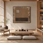 Wabi-Sabi abstract oil painting showing layered abstract marks, texture and expressive painterly movement in a brown palette.