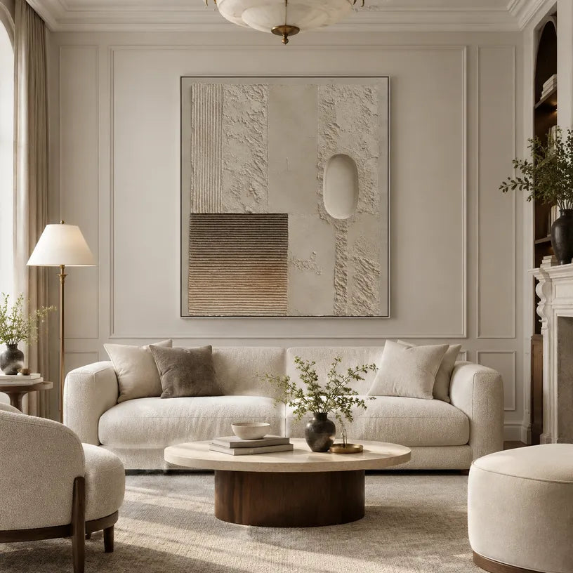 Wabi-Sabi abstract oil painting showing layered abstract marks, texture and expressive painterly movement in a brown palette.