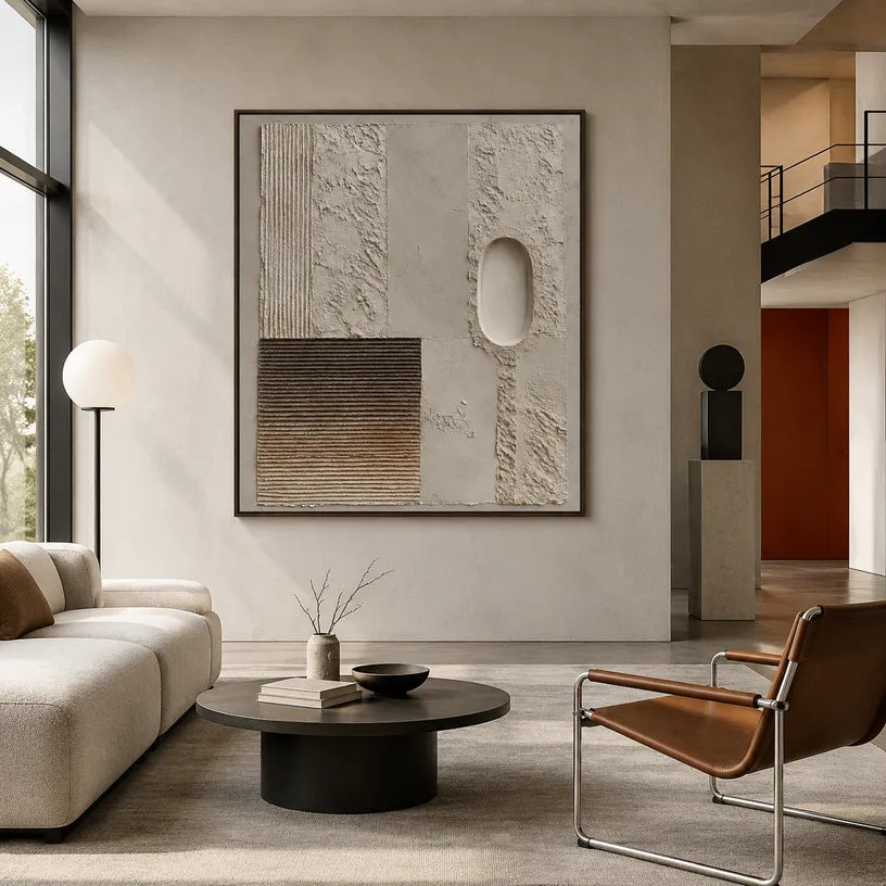 Wabi-Sabi abstract oil painting showing layered abstract marks, texture and expressive painterly movement in a brown palette.