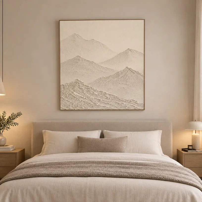 Wabi-Sabi abstract oil painting showing layered abstract marks, texture and expressive painterly movement in a beige palette.