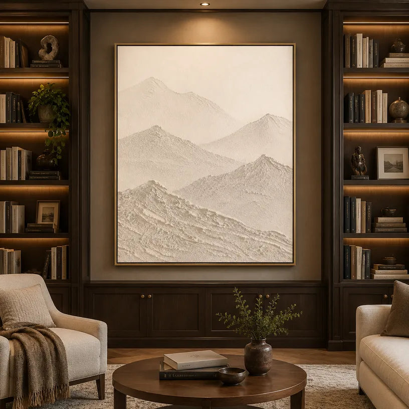 Wabi-Sabi abstract oil painting showing layered abstract marks, texture and expressive painterly movement in a beige palette.