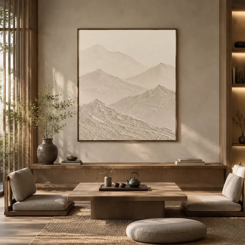 Wabi-Sabi abstract oil painting showing layered abstract marks, texture and expressive painterly movement in a beige palette.