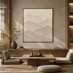 Wabi-Sabi abstract oil painting showing layered abstract marks, texture and expressive painterly movement in a beige palette.