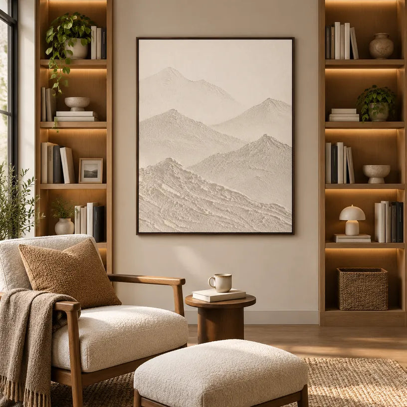 Wabi-Sabi abstract oil painting showing layered abstract marks, texture and expressive painterly movement in a beige palette.