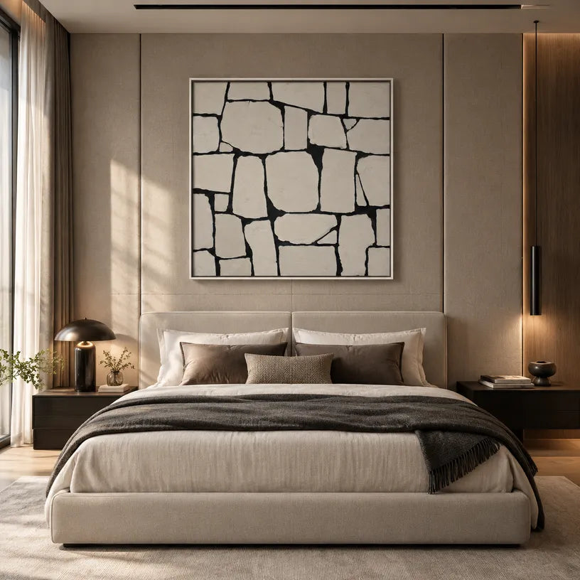 Wabi-Sabi abstract oil painting showing layered abstract marks, texture and expressive painterly movement in a grey palette.