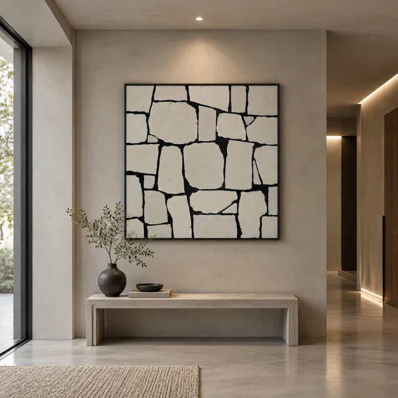 Wabi-Sabi abstract oil painting showing layered abstract marks, texture and expressive painterly movement in a grey palette.
