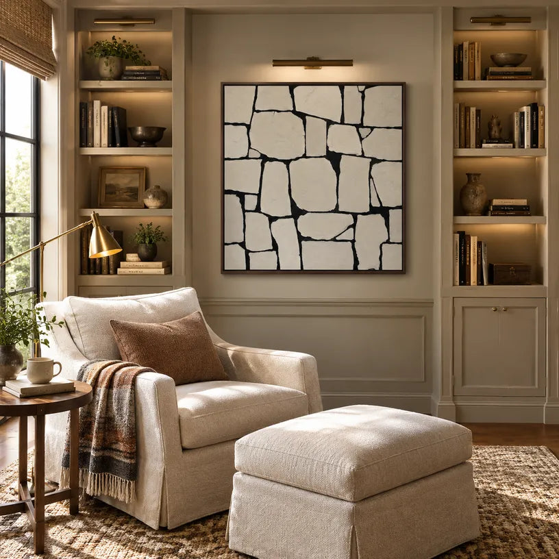 Wabi-Sabi abstract oil painting showing layered abstract marks, texture and expressive painterly movement in a grey palette.