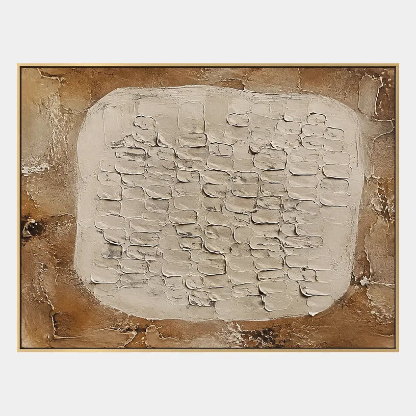 Wabi-Sabi abstract oil painting showing layered abstract marks, texture and expressive painterly movement in a brown palette.