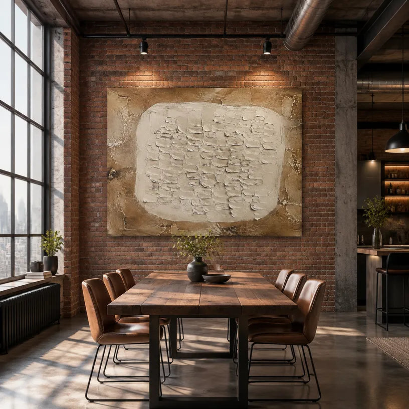 Wabi-Sabi abstract oil painting showing layered abstract marks, texture and expressive painterly movement in a brown palette.