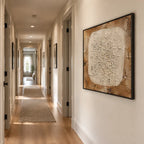 Wabi-Sabi abstract oil painting showing layered abstract marks, texture and expressive painterly movement in a brown palette.