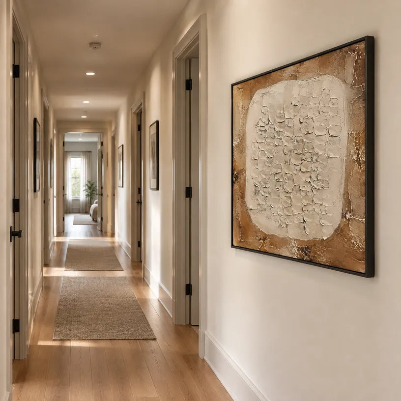 Wabi-Sabi abstract oil painting showing layered abstract marks, texture and expressive painterly movement in a brown palette.