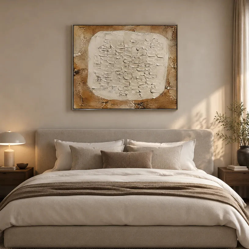 Wabi-Sabi abstract oil painting showing layered abstract marks, texture and expressive painterly movement in a brown palette.
