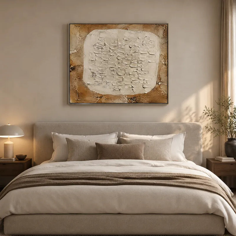 Abstraktes und konzeptuelles Ölgemälde von Wabi-Sabi mit geschichteten abstrakten Zeichen, Textur und ausdrucksstarker malerischer Bewegung in einer Beige-Palette.