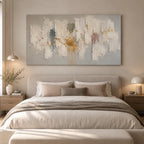 Wabi-Sabi abstract oil painting showing layered abstract marks, texture and expressive painterly movement in a grey palette.