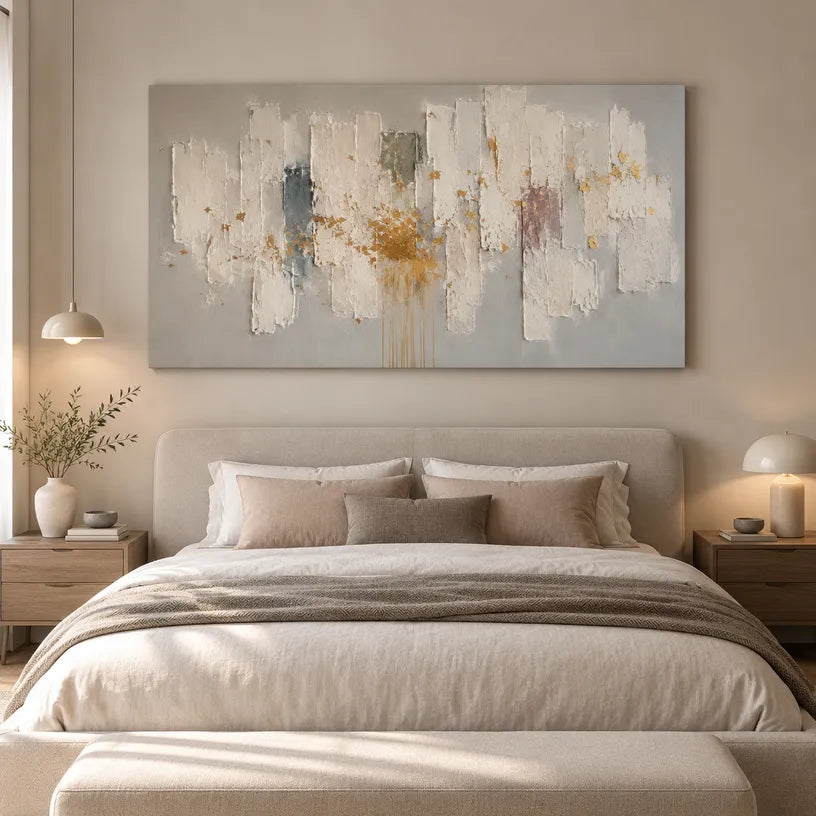 Wabi-Sabi abstract oil painting showing layered abstract marks, texture and expressive painterly movement in a grey palette.