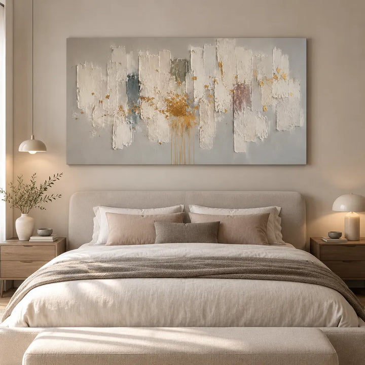 Pittura a olio astratta e concettuale Wabi-Sabi con segni astratti stratificati, consistenza e movimento pittorico espressivo in una tavolozza grigia.