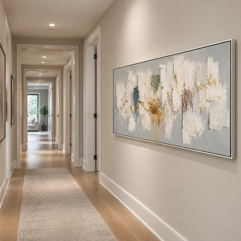 Wabi-Sabi abstract oil painting showing layered abstract marks, texture and expressive painterly movement in a grey palette.