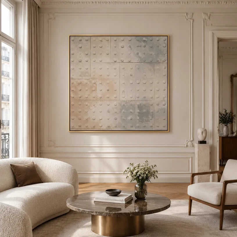 Wabi-Sabi abstract oil painting showing layered abstract marks, texture and expressive painterly movement in a brown palette.