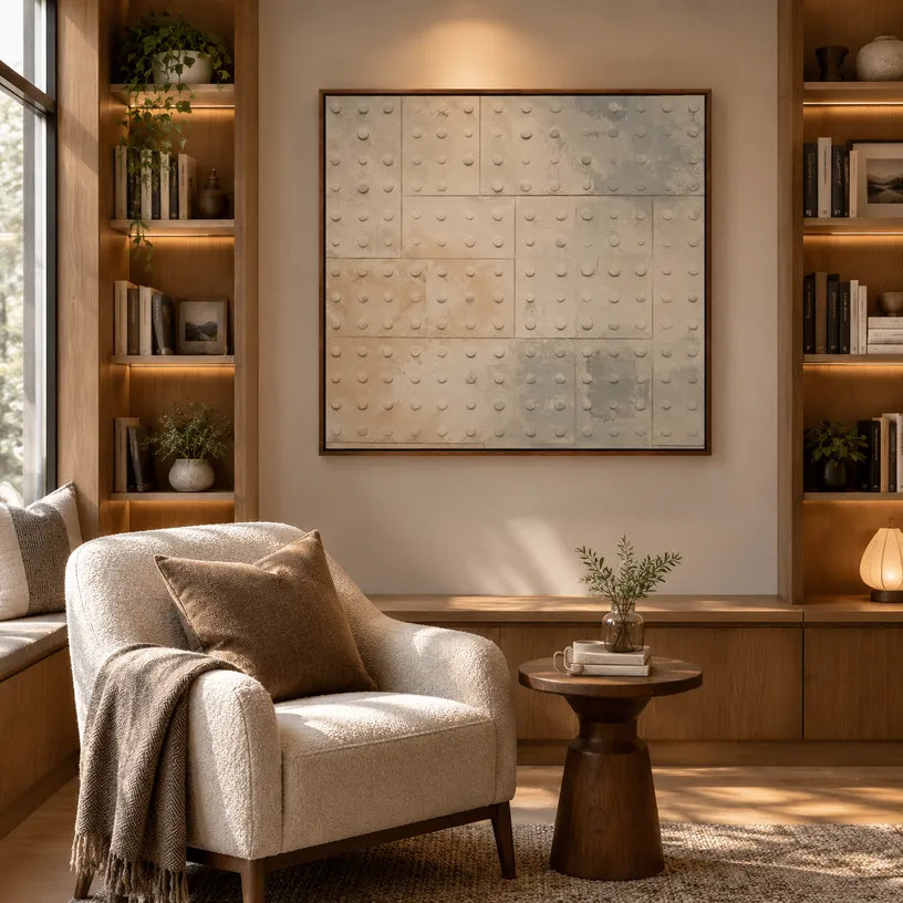 Wabi-Sabi abstract oil painting showing layered abstract marks, texture and expressive painterly movement in a brown palette.