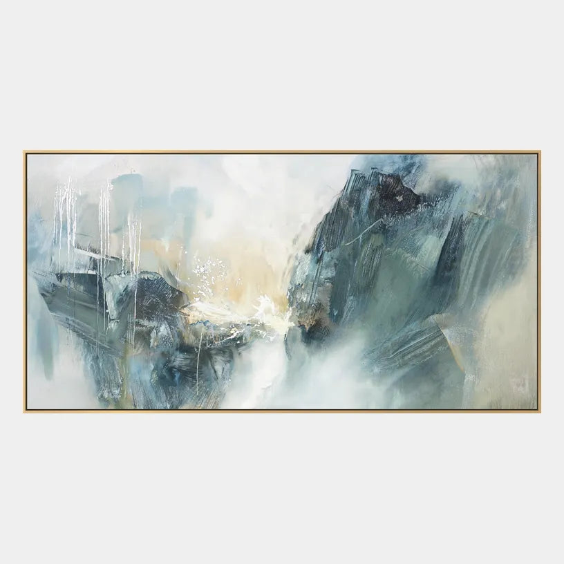 Wabi-Sabi abstract oil painting showing layered abstract marks, texture and expressive painterly movement in a blue palette.