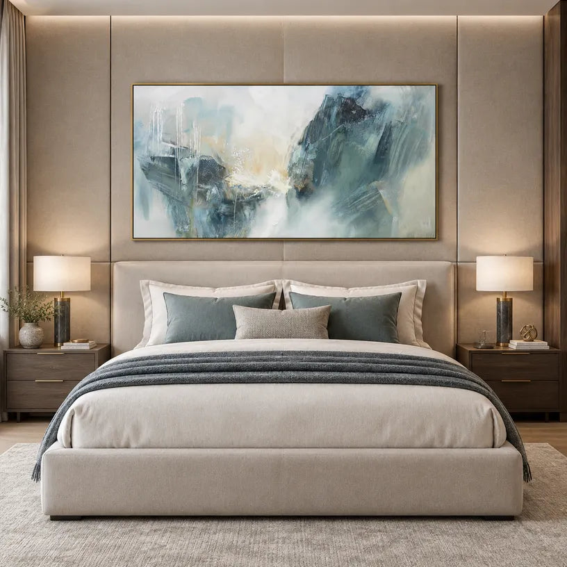 Wabi-Sabi abstract oil painting showing layered abstract marks, texture and expressive painterly movement in a blue palette.