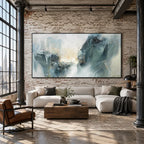Wabi-Sabi abstract oil painting showing layered abstract marks, texture and expressive painterly movement in a blue palette.