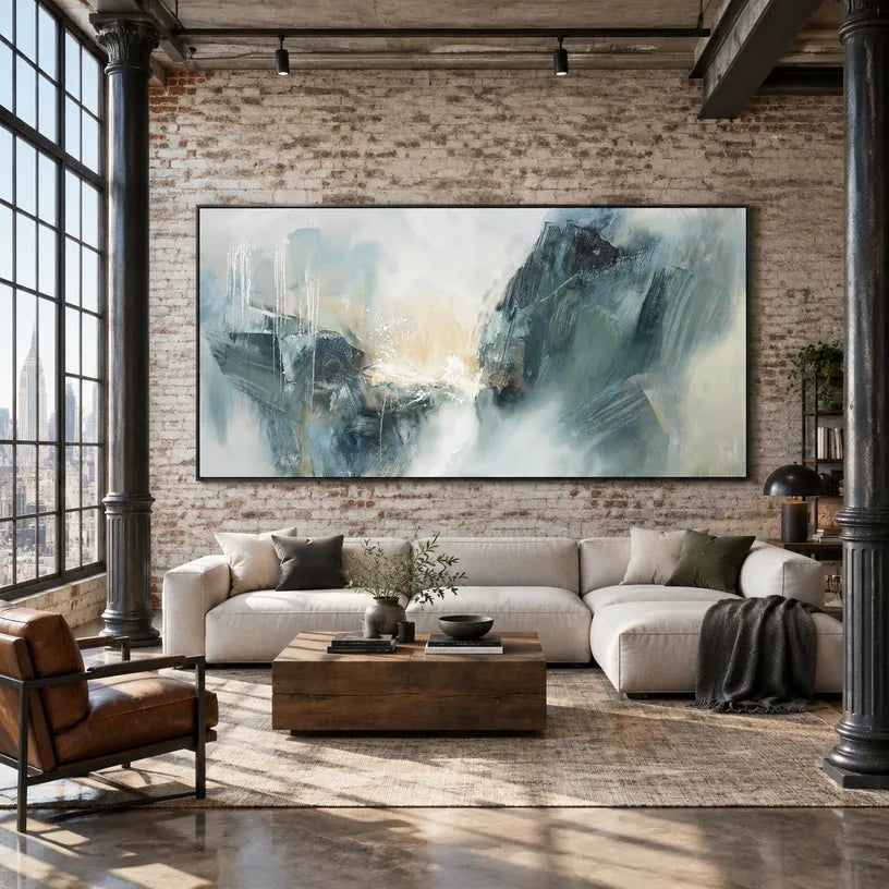 Wabi-Sabi abstract oil painting showing layered abstract marks, texture and expressive painterly movement in a blue palette.