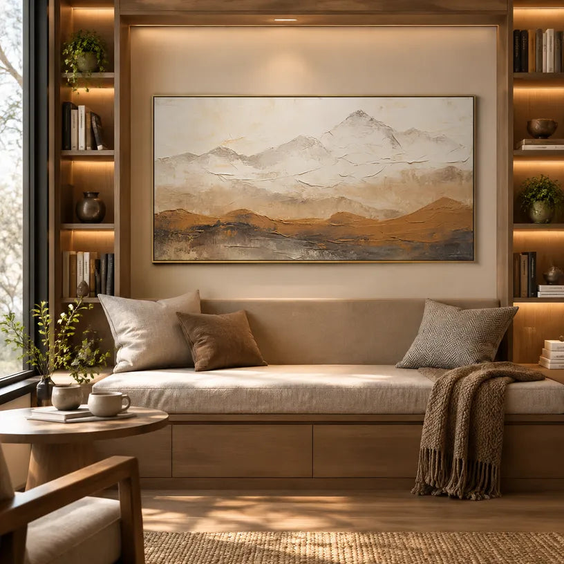 Wabi-Sabi abstract oil painting showing layered abstract marks, texture and expressive painterly movement in a beige palette.
