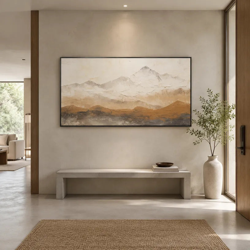 Wabi-Sabi abstract oil painting showing layered abstract marks, texture and expressive painterly movement in a beige palette.