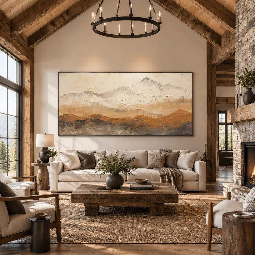 Wabi-Sabi abstract oil painting showing layered abstract marks, texture and expressive painterly movement in a beige palette.