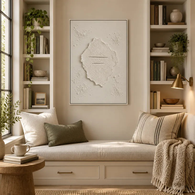 Wabi-Sabi abstract oil painting showing layered abstract marks, texture and expressive painterly movement.