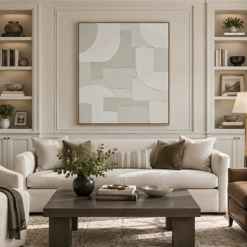 Wabi-Sabi abstract oil painting showing layered abstract marks, texture and expressive painterly movement in a grey palette.