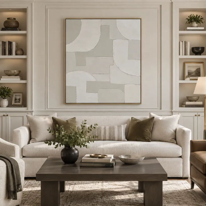 Pittura a olio astratta e concettuale Wabi-Sabi con segni astratti stratificati, consistenza e movimento pittorico espressivo in una tavolozza beige.