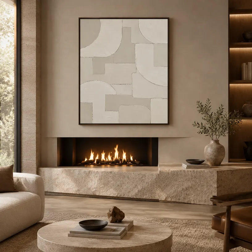 Wabi-Sabi abstract oil painting showing layered abstract marks, texture and expressive painterly movement in a grey palette.