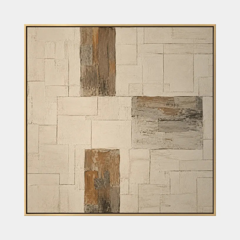 Wabi-Sabi abstract oil painting showing layered abstract marks, texture and expressive painterly movement in a beige palette.