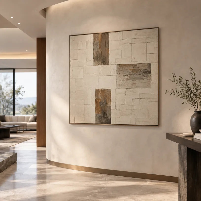 Wabi-Sabi abstract oil painting showing layered abstract marks, texture and expressive painterly movement in a beige palette.