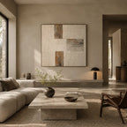 Wabi-Sabi abstract oil painting showing layered abstract marks, texture and expressive painterly movement in a beige palette.