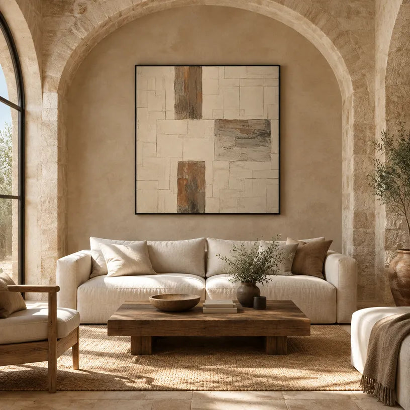 Wabi-Sabi abstract oil painting showing layered abstract marks, texture and expressive painterly movement in a beige palette.