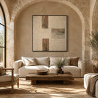 Wabi-Sabi abstract oil painting showing layered abstract marks, texture and expressive painterly movement in a beige palette.