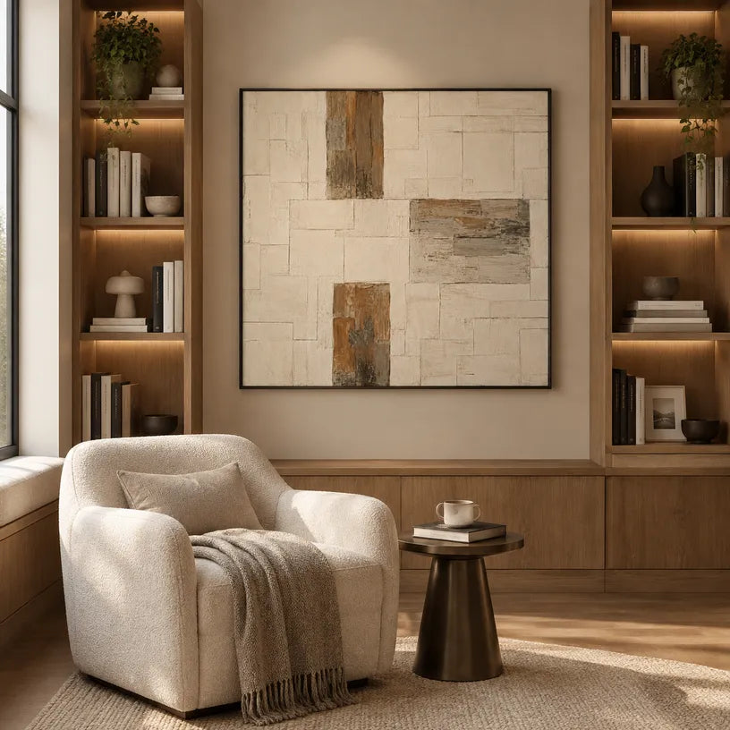 Wabi-Sabi abstract oil painting showing layered abstract marks, texture and expressive painterly movement in a beige palette.