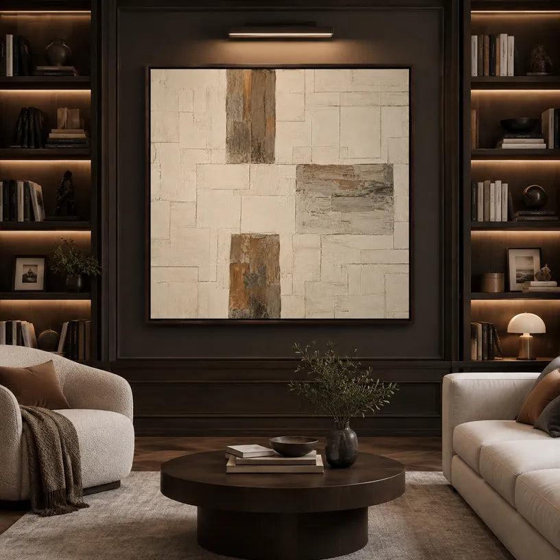 Wabi-Sabi abstract oil painting showing layered abstract marks, texture and expressive painterly movement in a beige palette.