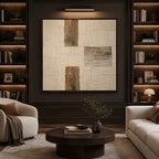 Wabi-Sabi abstract oil painting showing layered abstract marks, texture and expressive painterly movement in a beige palette.