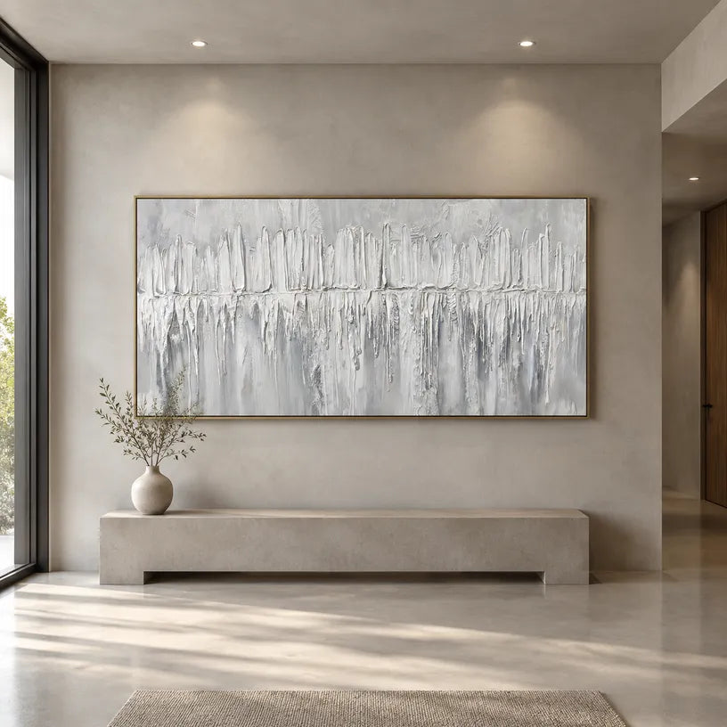 Wabi-Sabi abstract oil painting showing layered abstract marks, texture and expressive painterly movement in a grey palette.