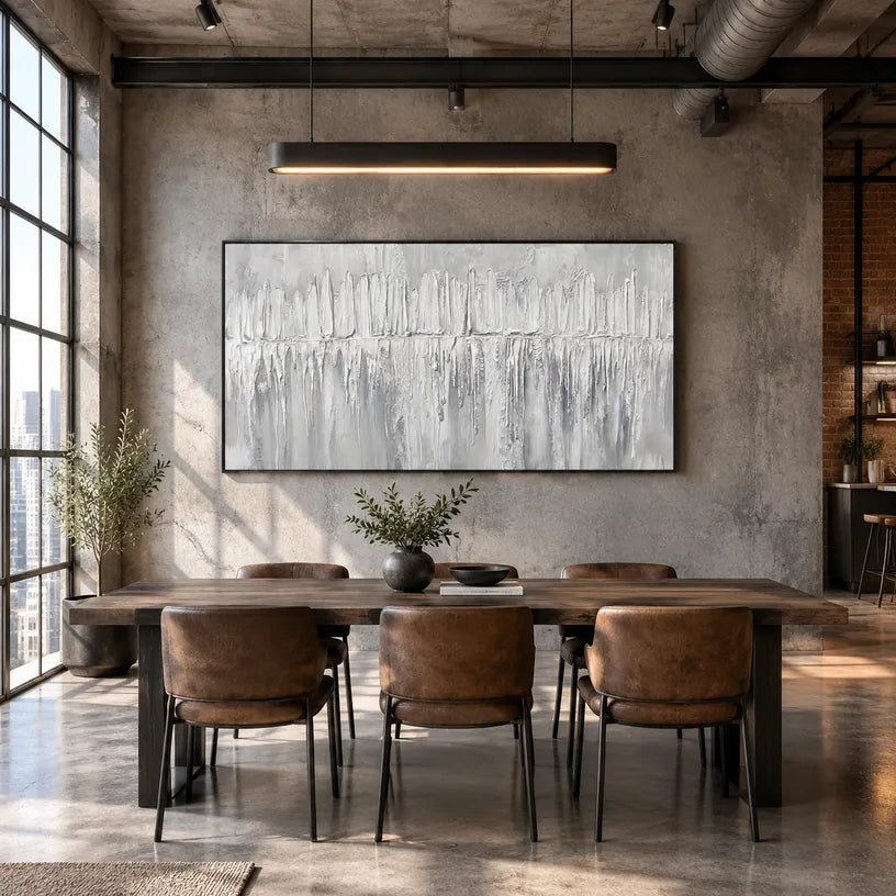 Wabi-Sabi abstract oil painting showing layered abstract marks, texture and expressive painterly movement in a grey palette.