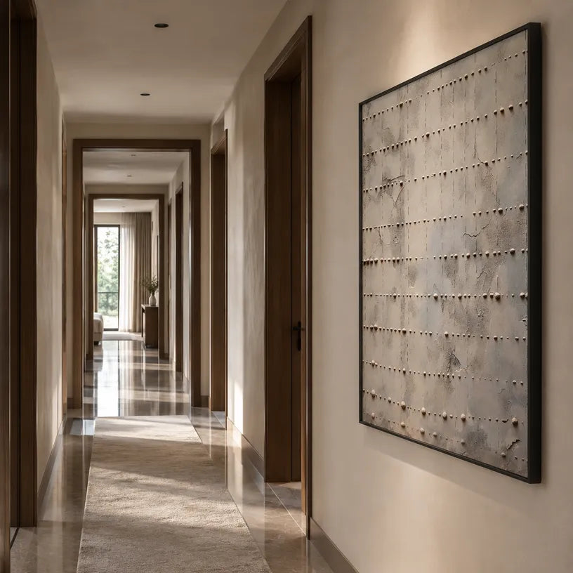 Wabi-Sabi abstract oil painting showing layered abstract marks, texture and expressive painterly movement in a brown palette.