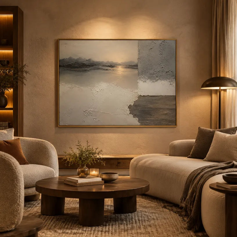 Wabi-Sabi abstract oil painting showing layered abstract marks, texture and expressive painterly movement in a brown palette.